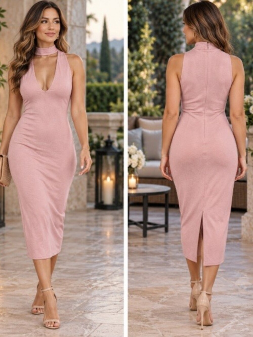 Missguided Pink/Nude Bodycon Sleeveless Choker Neck Dress NWOT Size 8
